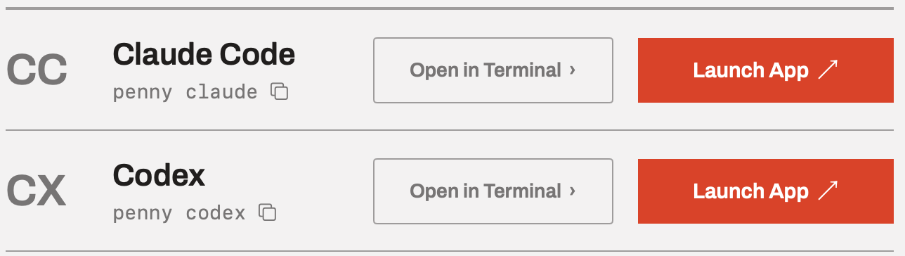 The PennyRouter Mac app listing Claude Code and Codex, each with Open in Terminal and Launch App buttons